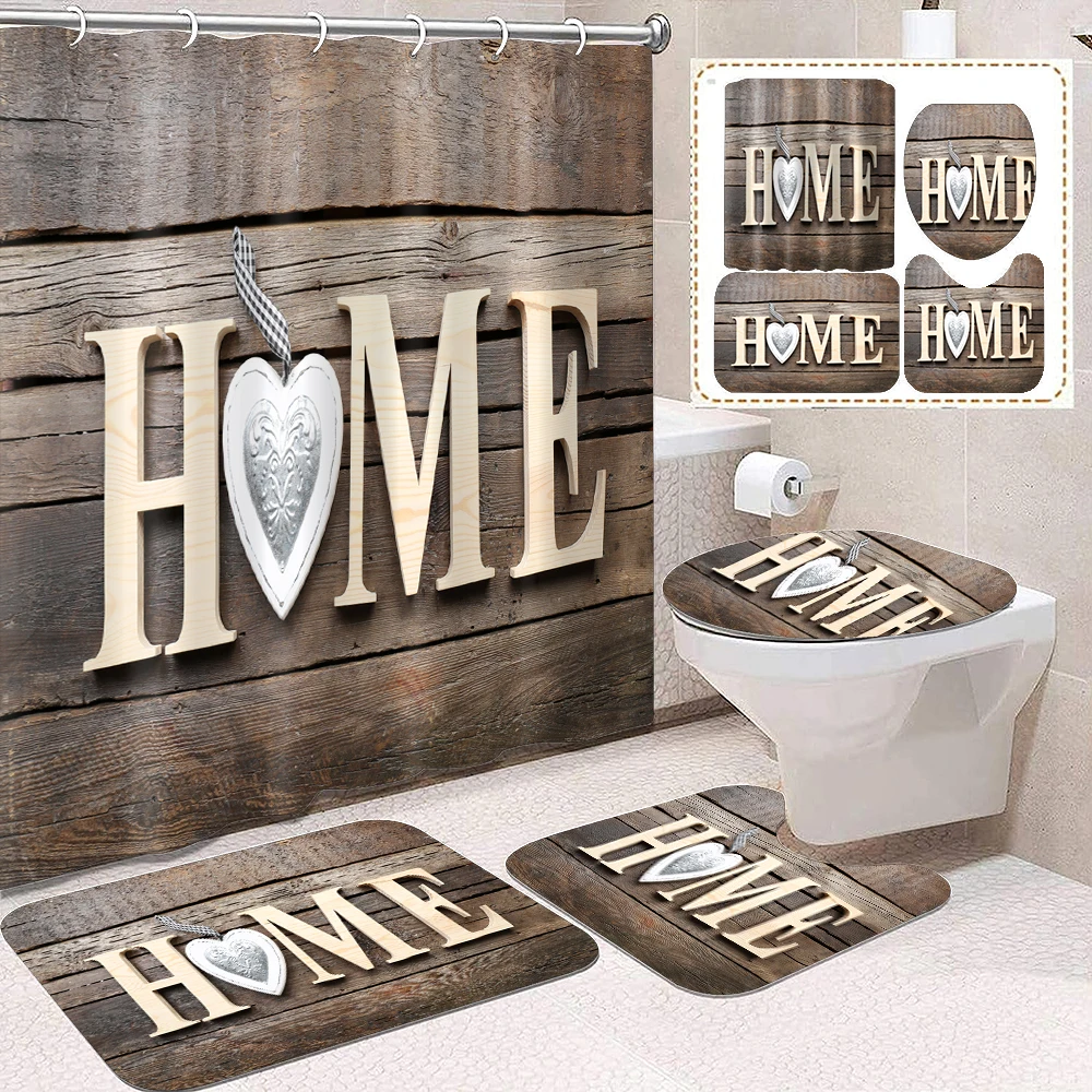 1 set of deep brown wood grain minimalist HOME printed shower curtains with 12 hooks and bathroom floor mats
1 set of deep brown wood grain minimalist HOME printed shower curtains with 12 hooks and bathroom floor mats