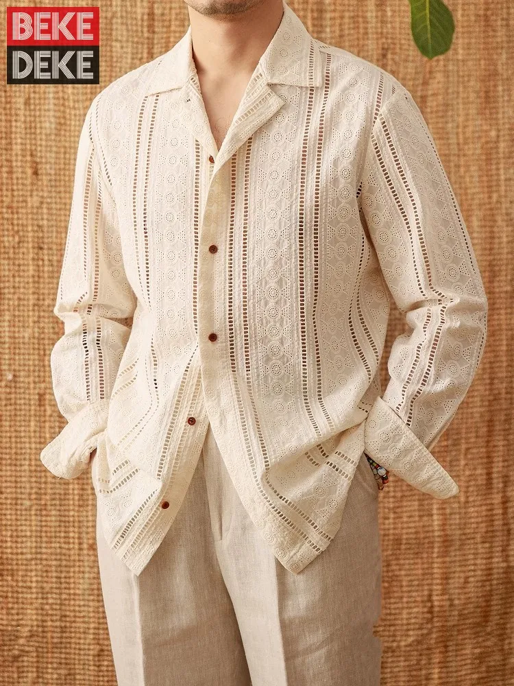 Summer Mens Breathable Hollow Out Holiday Beach Shirt Single Breasted Long Sleeve Business Casual Tops Comfortable Cotton Shirts
Summer Mens Breathable Hollow Out Holiday Beach Shirt Single Breasted Long Sleeve Business Casual Tops Comfortable Cotton Shirts