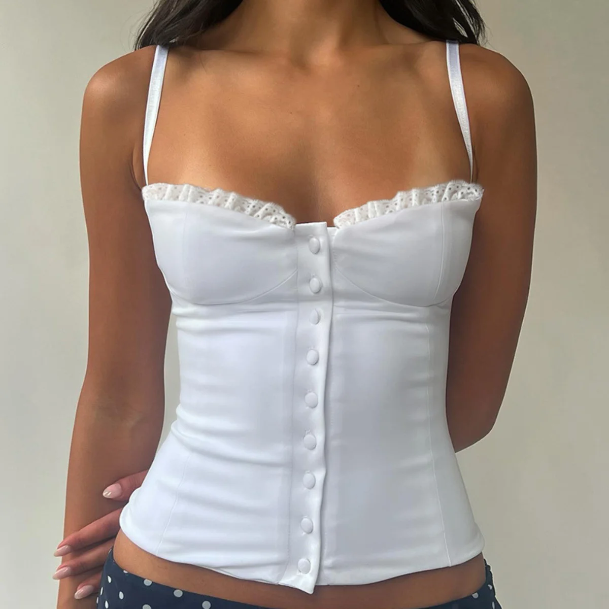 White Lace Button Up Corset Top Summer Y2k Skinny Crop Tops Ladies Sexy Slim Straps Vest Cami Women Casual Solid Tops Streetwear 
White Lace Button Up Corset Top Summer Y2k Skinny Crop Tops Ladies Sexy Slim Straps Vest Cami Women Casual Solid Tops Streetwear