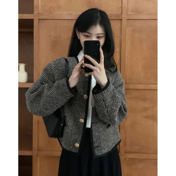 빈티지 트위드 스타일 여성용 하이 엔드 크롭 자켓 숏 코트 가을 시즌 레트로 향수 Coincedence Cardigan Top