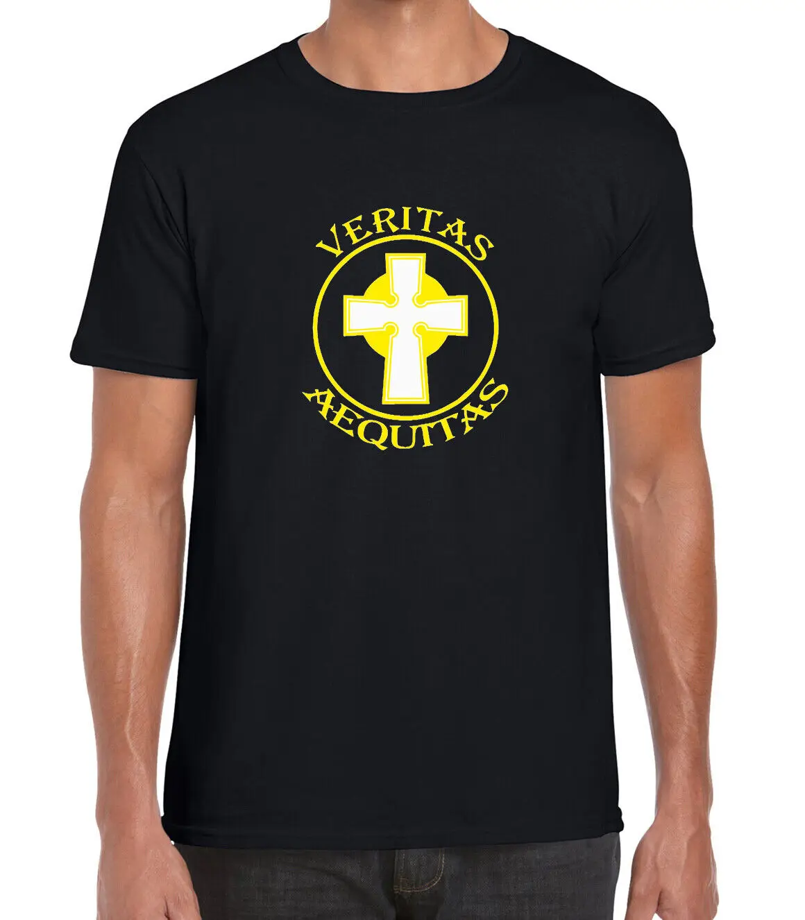 Veritas Aequitas Movie Slogan Cross Men's Unisex Printed Cotton T-shirt Top Tee
Veritas Aequitas Movie Slogan Cross Men's Unisex Printed Cotton T-shirt Top Tee
