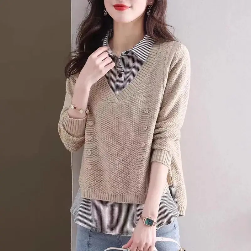 Spring Autumn New Women Sweater Pullover Splice Shirt Long Sleeve False Two-piece Knit Sweater Female Tops Bottoming Shirt
Spring Autumn New Women Sweater Pullover Splice Shirt Long Sleeve False Two-piece Knit Sweater Female Tops Bottoming Shirt