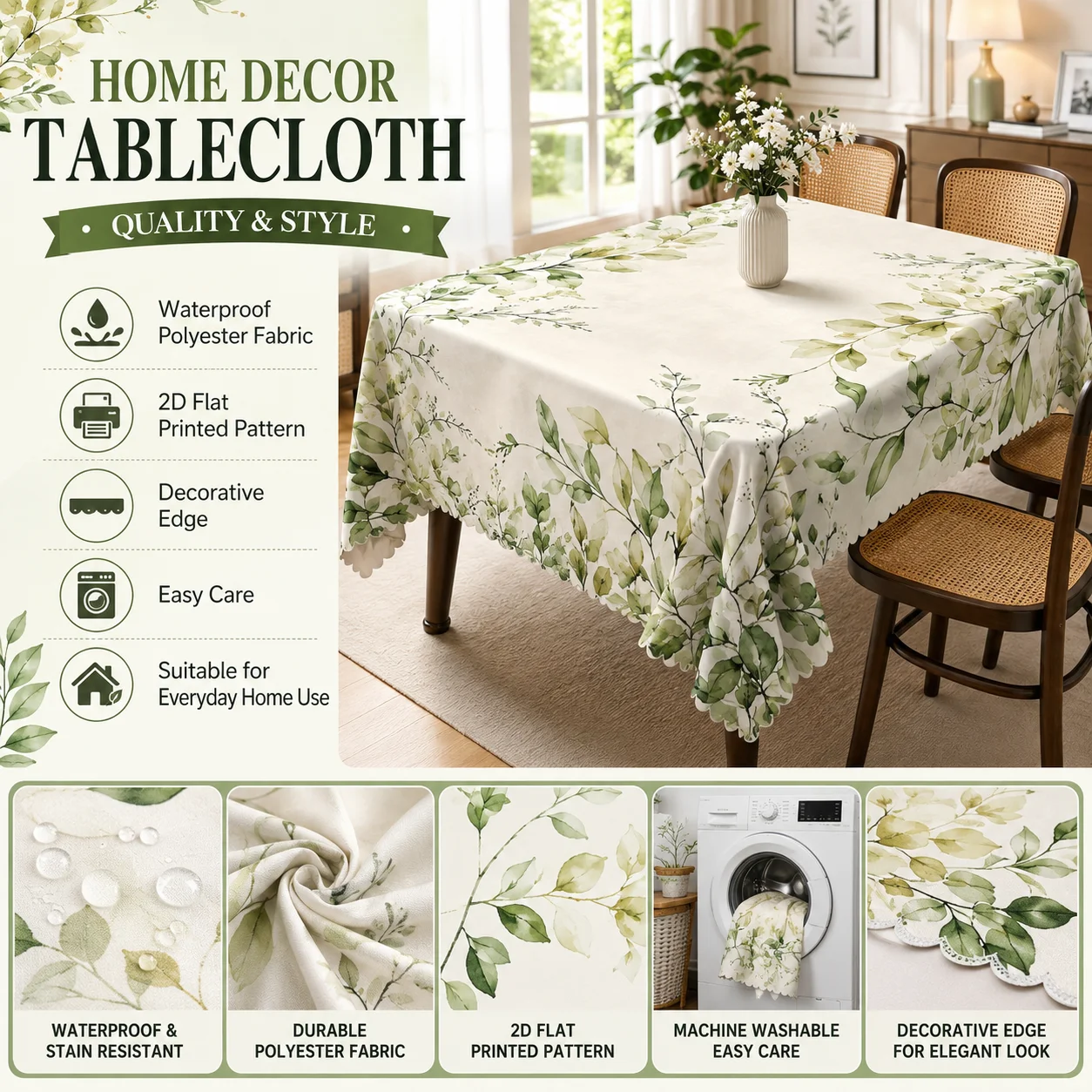 Green Leaf Tablecloth Waterproof Polyester 2D Flat Printed Decorative Edge Table Cover For Dining Room Kitchen Home Decor
Green Leaf Tablecloth Waterproof Polyester 2D Flat Printed Decorative Edge Table Cover For Dining Room Kitchen Home Decor