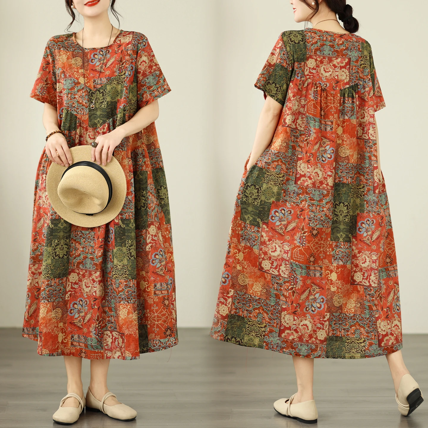 Summer New Vintage Bamboo Fiber Loose A-Line Dress Women's round Neck Pocket Short Sleeve Long Dress Artistic Style High Waist
Summer New Vintage Bamboo Fiber Loose A-Line Dress Women's round Neck Pocket Short Sleeve Long Dress Artistic Style High Waist
