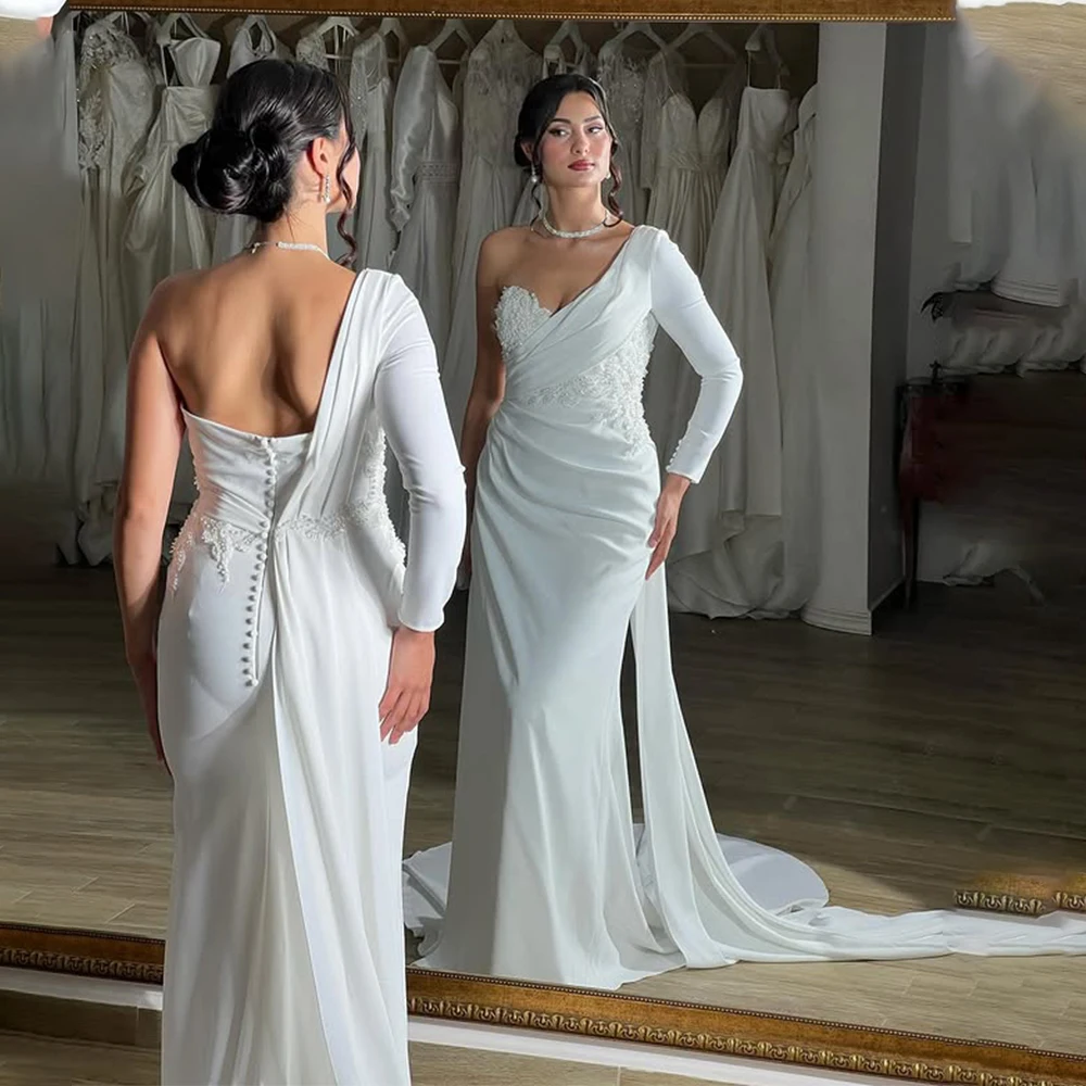 Elegant One Shoulder Long Sleeves 3D Flower Lace Applique Satin Mermaid Wedding Dresses Custom Made Long Rubbon Vestido De Noiva
Elegant One Shoulder Long Sleeves 3D Flower Lace Applique Satin Mermaid Wedding Dresses Custom Made Long Rubbon Vestido De Noiva