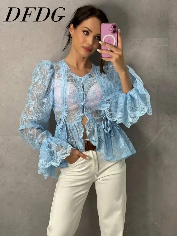 DFDG Women 2026 Spring Summer Sheer Lace Peplum Blouse Puff Sleeve Button Down Drawstring Waist Ruffle Hem Casual Blouse
DFDG Women 2026 Spring Summer Sheer Lace Peplum Blouse Puff Sleeve Button Down Drawstring Waist Ruffle Hem Casual Blouse