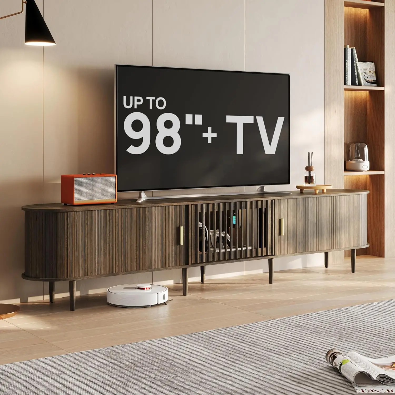 94.5" Fluted Mid Century Modern TV Stand for TVs Up to 98", Signal-Friendly, Sliding Doors Entertainment Center, Walnut
94.5" Fluted Mid Century Modern TV Stand for TVs Up to 98", Signal-Friendly, Sliding Doors Entertainment Center, Walnut