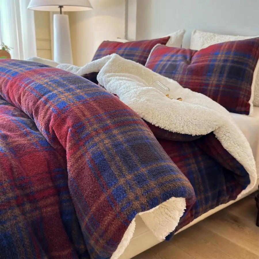 Plaid Sherpa Comforter Set 3Pcs Fluffy Warm Fleece Down Alternative, Red Blue Grid Pattern Bedding Set with 2 Pillowcases, Queen
Plaid Sherpa Comforter Set 3Pcs Fluffy Warm Fleece Down Alternative, Red Blue Grid Pattern Bedding Set with 2 Pillowcases, Queen