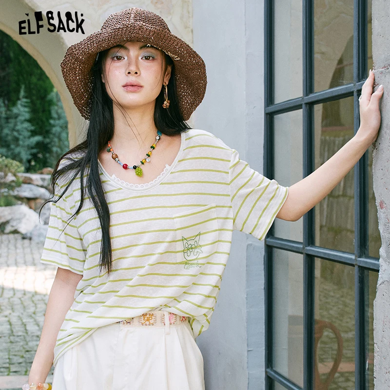 ELFSACK Women's Minimal Striped T‑Shirt with Embroidered Cat Pocket Detail, Short Sleeve Regular Tee for Summer, Soft Daily Wear
ELFSACK Women's Minimal Striped T‑Shirt with Embroidered Cat Pocket Detail, Short Sleeve Regular Tee for Summer, Soft Daily Wear