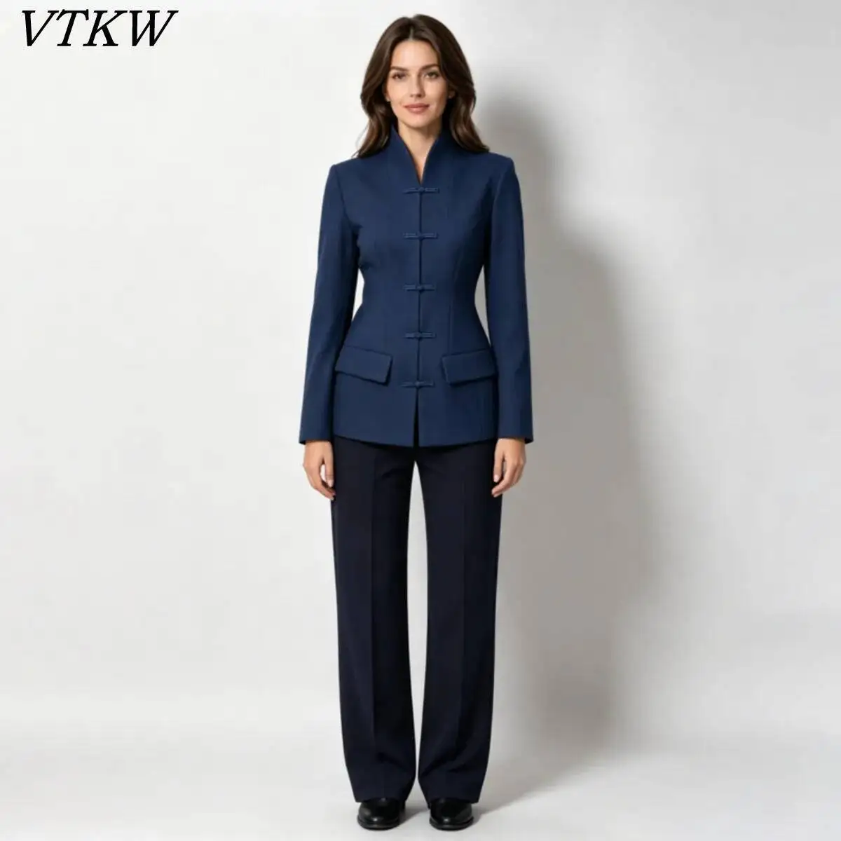 VTKW 2026 New Women Mandarin Collar Frog Button Blazer Long Sleeve Slim Fit Elegant Formal Office Workwear Jacket Coat
VTKW 2026 New Women Mandarin Collar Frog Button Blazer Long Sleeve Slim Fit Elegant Formal Office Workwear Jacket Coat