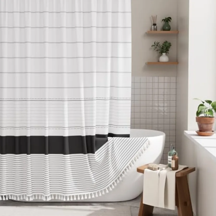 Boho Shower Curtain Set, Rustic Faux Linen Black Striped Shower Curtain with Hooks, Modern Farmhouse Shower Curtain with Tassel
Boho Shower Curtain Set, Rustic Faux Linen Black Striped Shower Curtain with Hooks, Modern Farmhouse Shower Curtain with Tassel