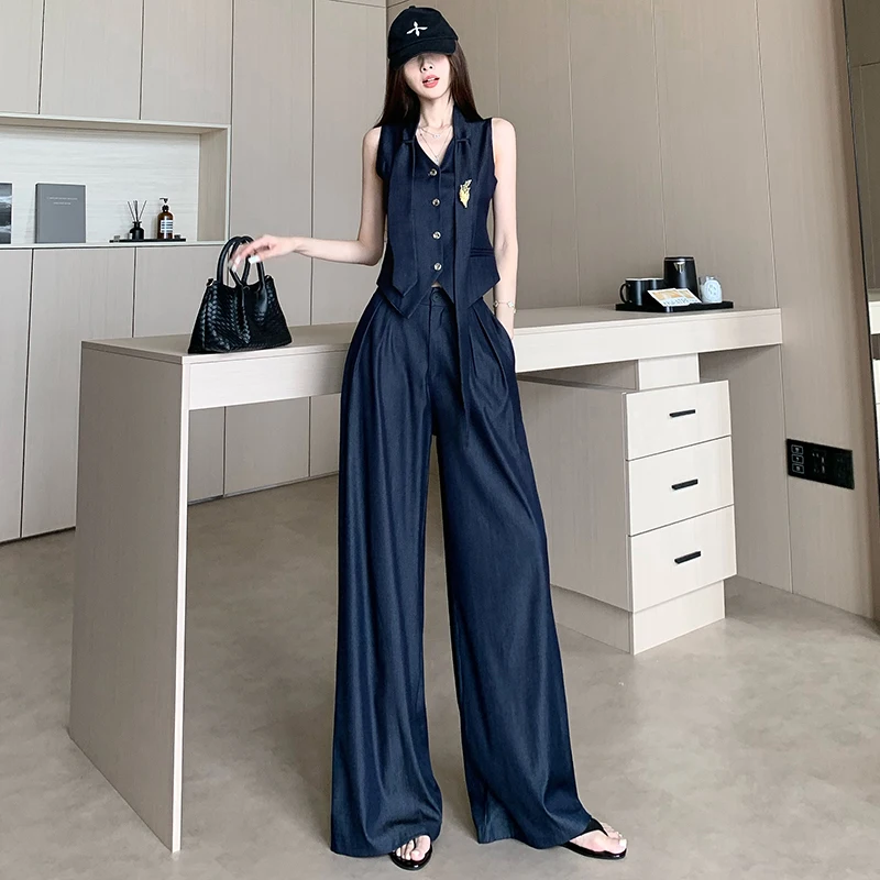 Gothiscyn Lyocell Denim Suit Women's Summer V-neck Lace-up Vest High Waist Wide Leg Pants Casual Two-piece Set Female Clothes
Gothiscyn Lyocell Denim Suit Women's Summer V-neck Lace-up Vest High Waist Wide Leg Pants Casual Two-piece Set Female Clothes