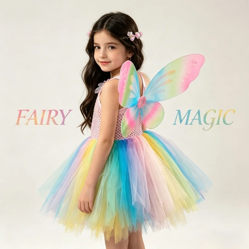 Rainbow Fairy Dress with Shiny Butterfly Wings Tulle Princess Gown Glitter Birthday Party Festival Stage Performance Costume
Rainbow Fairy Dress with Shiny Butterfly Wings Tulle Princess Gown Glitter Birthday Party Festival Stage Performance Costume