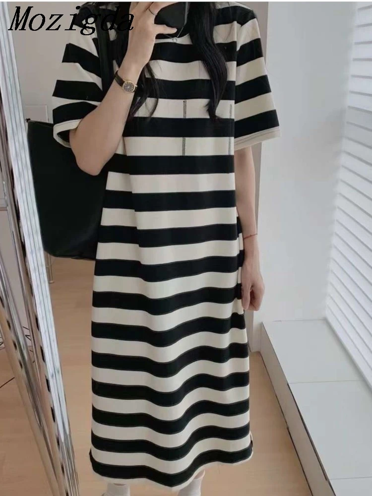 Korea Style Black White Striped Short Sleeve Loose Summer T-shirt Dress Office Ladies Work Dress Fashion Women Casual Dresses
Korea Style Black White Striped Short Sleeve Loose Summer T-shirt Dress Office Ladies Work Dress Fashion Women Casual Dresses