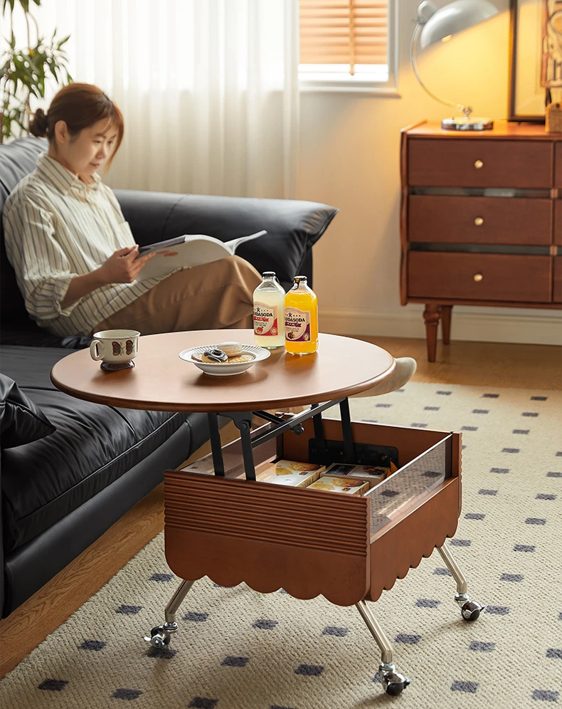 Solid wood coffee table, living room, household multifunctional lifting and moving medieval circular retro edge table
Solid wood coffee table, living room, household multifunctional lifting and moving medieval circular retro edge table