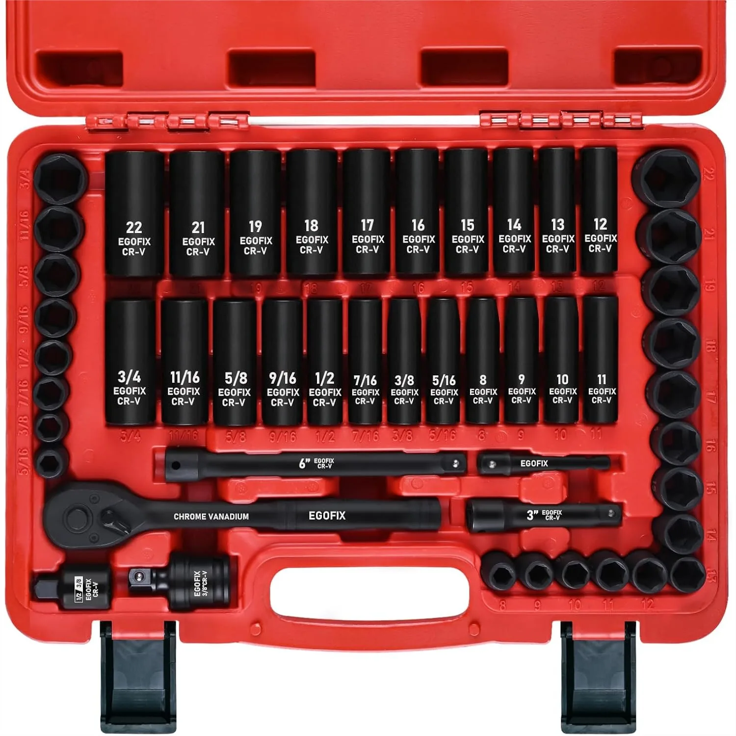3/8" Drive Impact Socket Set, 50 Piece SAE & Metric (5/16-3/4 in, 8-22mm) 6 Point with Ratchet Handle, Extension Bars, Universal
3/8" Drive Impact Socket Set, 50 Piece SAE & Metric (5/16-3/4 in, 8-22mm) 6 Point with Ratchet Handle, Extension Bars, Universal