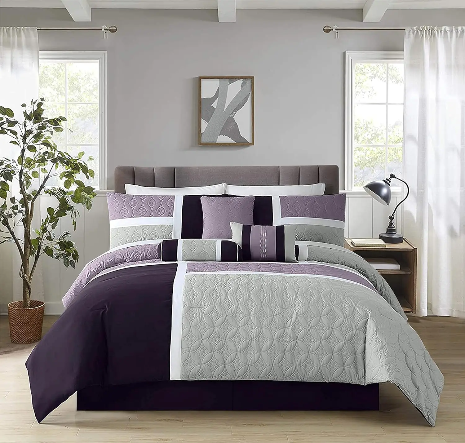7-Piece Quilted Patchwork Comforter Set in Lavender/Gray/Purple, Queen Size with Bedskirt and Pillows
7-Piece Quilted Patchwork Comforter Set in Lavender/Gray/Purple, Queen Size with Bedskirt and Pillows