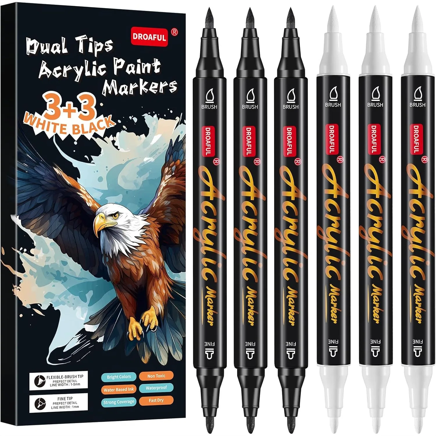 6Pc Dual Tip Acrylic Paint Pens Markers for Rock Painting, Fabric, Metal, Glass, Wood, Canvas, Ceramic, Plastic, Black and White
6Pc Dual Tip Acrylic Paint Pens Markers for Rock Painting, Fabric, Metal, Glass, Wood, Canvas, Ceramic, Plastic, Black and White