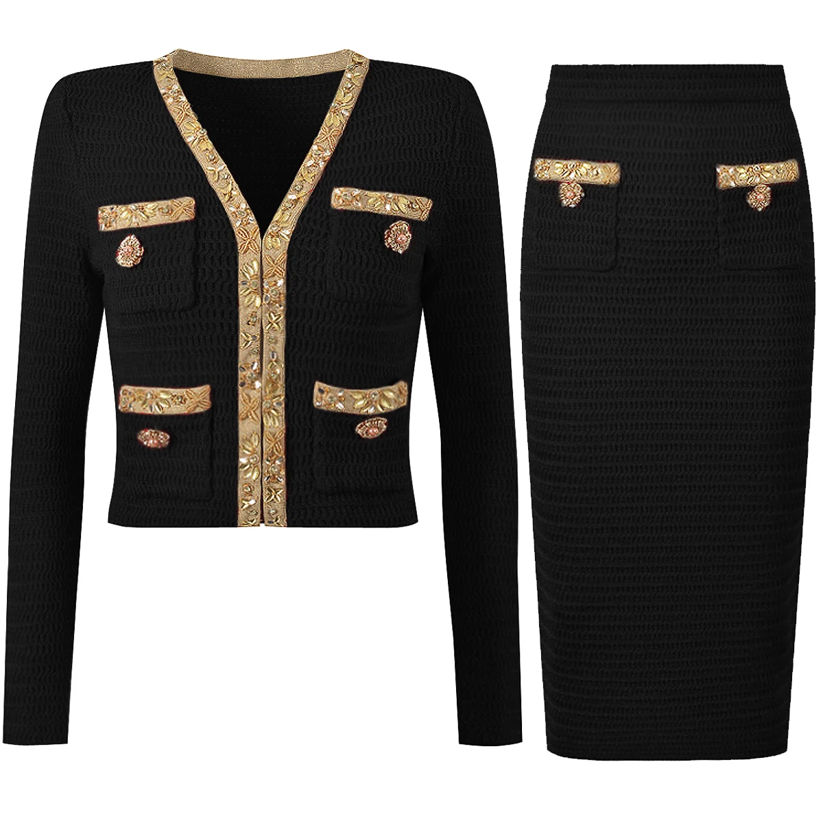 High Quality New Fashionable Elastic Knitted V-neck Luxurious Exquisite Nail Bead Piece Cardigan Slim Fit Short Skirt Women Set
High Quality New Fashionable Elastic Knitted V-neck Luxurious Exquisite Nail Bead Piece Cardigan Slim Fit Short Skirt Women Set