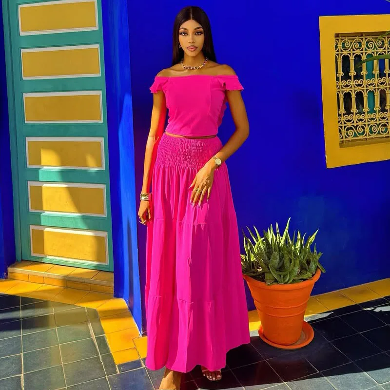 Women's long skirt two-piece fashion one-word shoulder top high waist skirt set
Women's long skirt two-piece fashion one-word shoulder top high waist skirt set