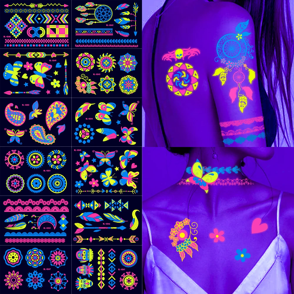 24/12/8/4 Pcs Fluorescent Sticker Luminous Temporary Tattoos Stickers UV Glow Fluorescent Tattoo Waterproof Body Face Art Decals
24/12/8/4 Pcs Fluorescent Sticker Luminous Temporary Tattoos Stickers UV Glow Fluorescent Tattoo Waterproof Body Face Art Decals