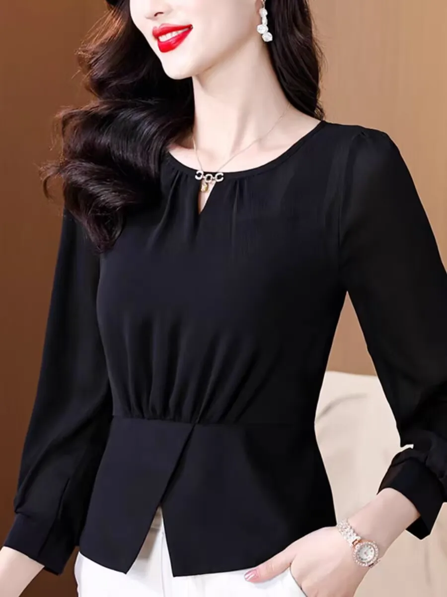 Sheer Nine Quarter Chiffon Waist Cinching Elegant Spring Summer Woman T-shirt Tops Female O-neck Split Hem Office Splicing
Sheer Nine Quarter Chiffon Waist Cinching Elegant Spring Summer Woman T-shirt Tops Female O-neck Split Hem Office Splicing