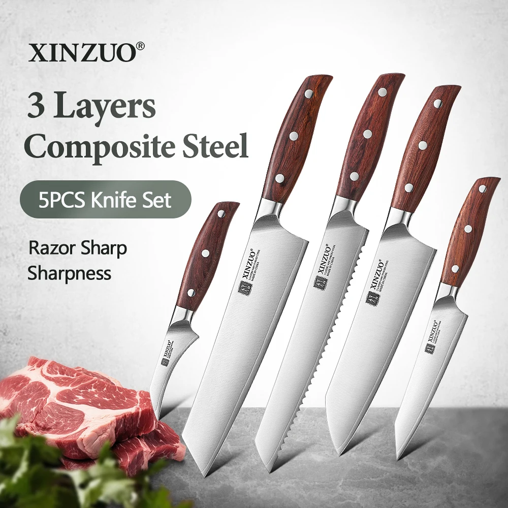 XINZUO New Arrival 5PCS Knife Set 440C Steel Core 3 Layers Composite Steel Blade With Red Wood Handle Cutting&Slicing Food
XINZUO New Arrival 5PCS Knife Set 440C Steel Core 3 Layers Composite Steel Blade With Red Wood Handle Cutting&Slicing Food