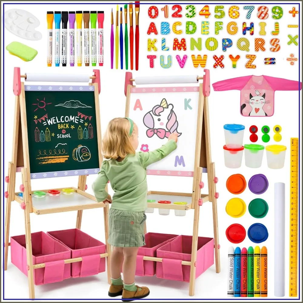 Kids Wooden Easel with 100+ Accessories, Dual-Sided Magnetic Chalk & Painting Board, Adjustable Height Art Easel for Girls Age 3-12
Kids Wooden Easel with 100+ Accessories, Dual-Sided Magnetic Chalk & Painting Board, Adjustable Height Art Easel for Girls Age 3-12
