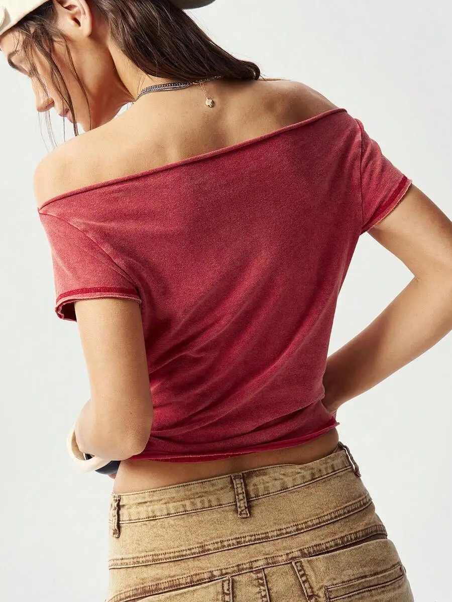Womens Off-Shoulder Solid Red Knit Crop Top With Short Sleeves And Asymmetrical Hem
Womens Off-Shoulder Solid Red Knit Crop Top With Short Sleeves And Asymmetrical Hem