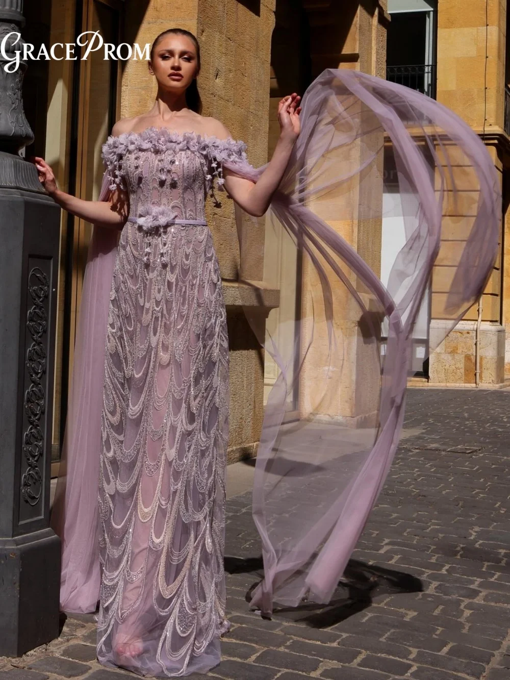 Exquisite Mesh Formal Dress Beading 3D Flower Off Shoulder Detachable Tulle Cape Evening Gown For Wedding Guests فساتين سهرة
Exquisite Mesh Formal Dress Beading 3D Flower Off Shoulder Detachable Tulle Cape Evening Gown For Wedding Guests فساتين سهرة