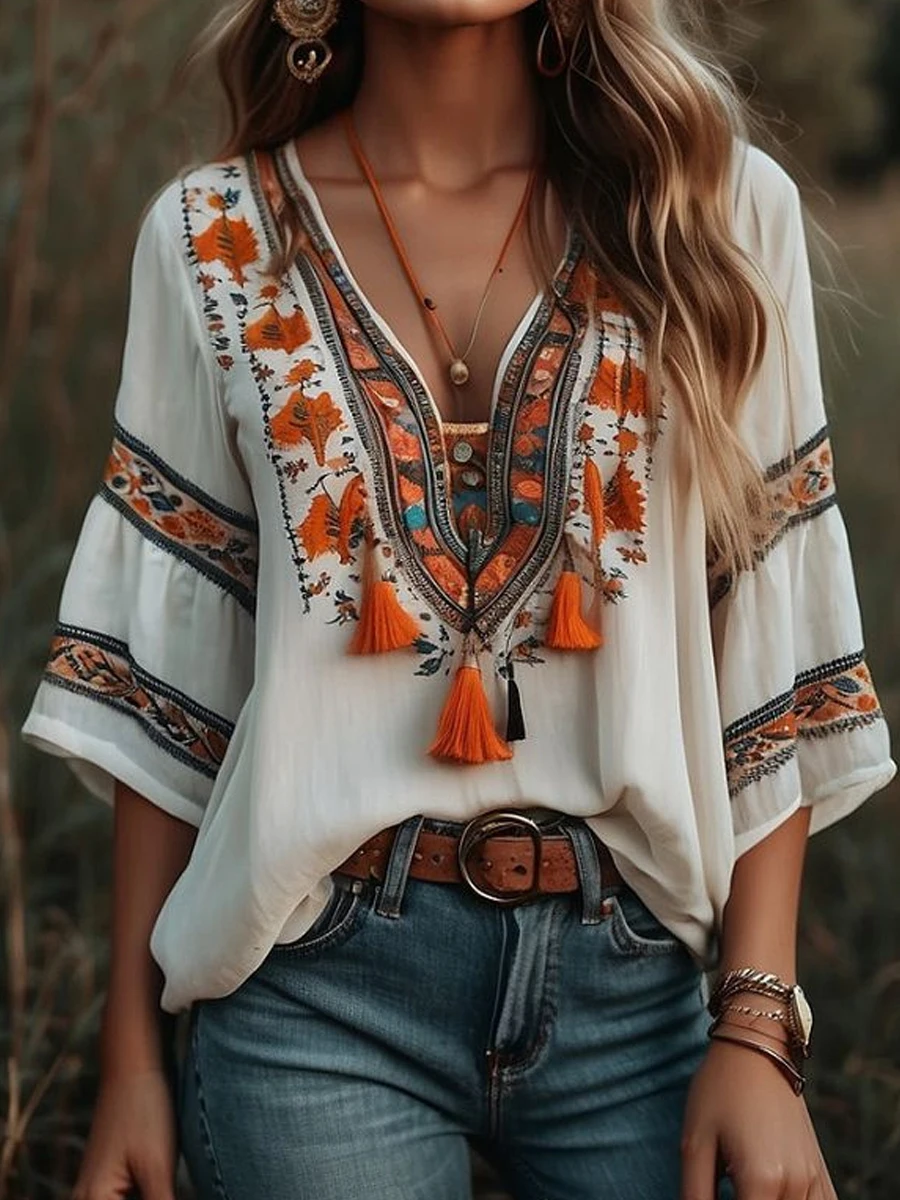 Women's Boho Embroidery Tassel V Neck Blouse 3/4 Flare Sleeve Loose Casual Summer Top Women Fashion Daily Commuting Outfit
Women's Boho Embroidery Tassel V Neck Blouse 3/4 Flare Sleeve Loose Casual Summer Top Women Fashion Daily Commuting Outfit