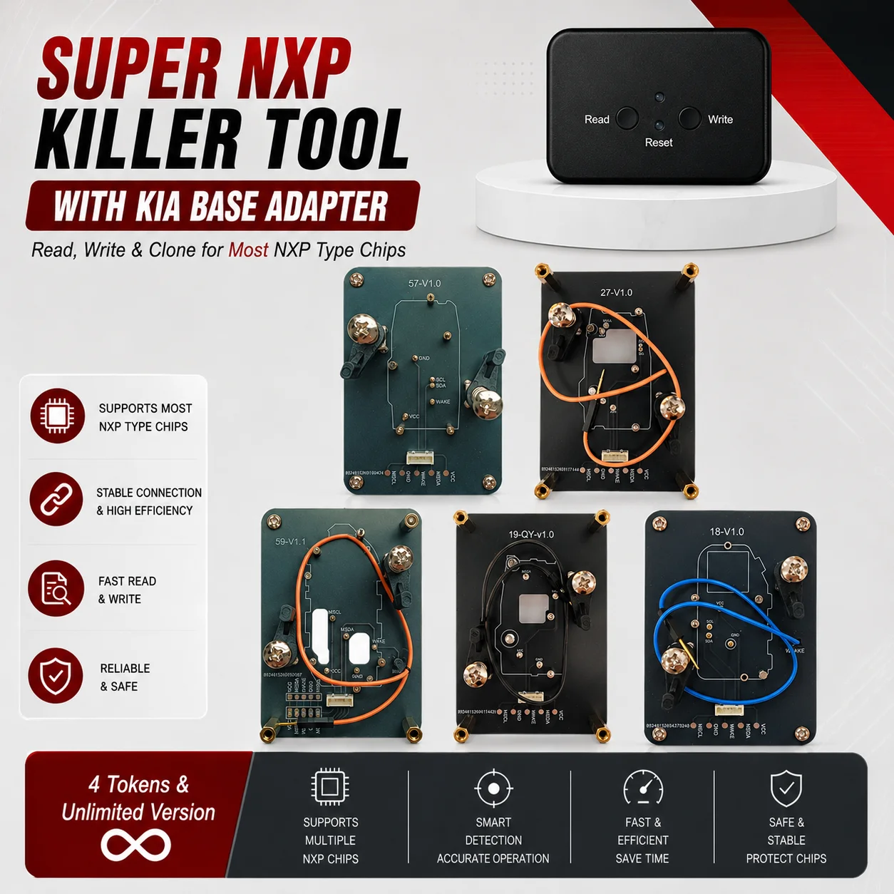 Super NXP Killer Read Copy Device With Adapter Base For KIA Key All NXP Smart Keys Clones 4 Tokens & Unlimited Version
Super NXP Killer Read Copy Device With Adapter Base For KIA Key All NXP Smart Keys Clones 4 Tokens & Unlimited Version