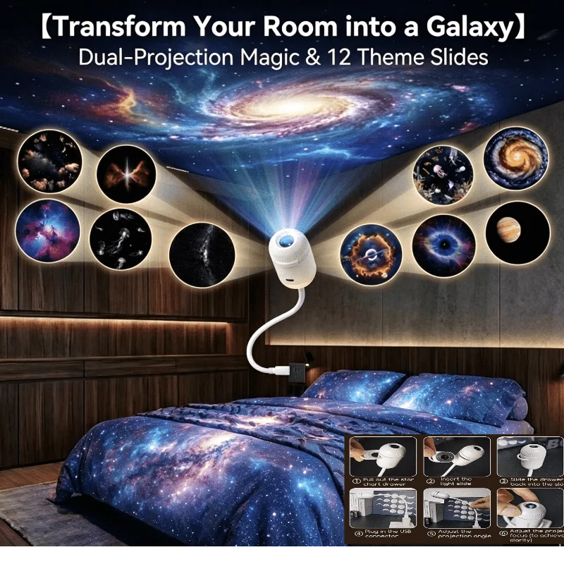 2-in-1 Galaxy Projector Night Light With Slides Starry Night Light Dual Mode USB Starry Atmosphere Light For Bedroom Sleep Decor
2-in-1 Galaxy Projector Night Light With Slides Starry Night Light Dual Mode USB Starry Atmosphere Light For Bedroom Sleep Decor