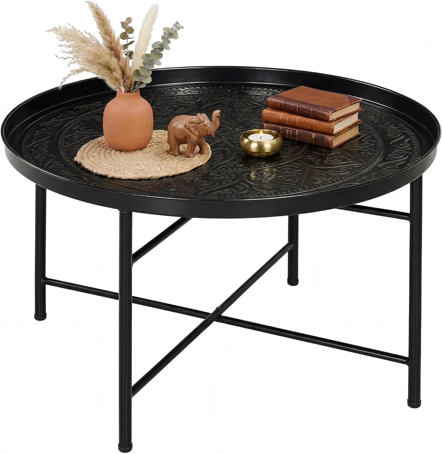 24" Round Coffee Table with Hammered Tray Top, Vintage Metal Center Table for Living Room, Black
24" Round Coffee Table with Hammered Tray Top, Vintage Metal Center Table for Living Room, Black