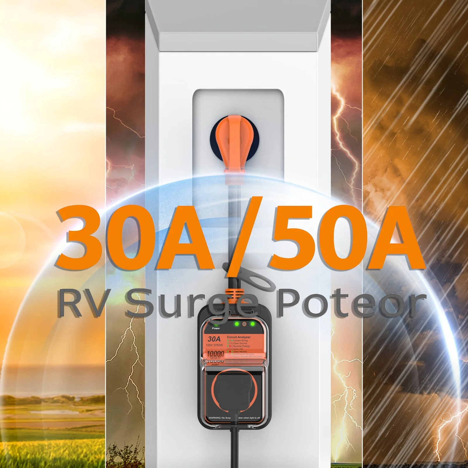 30A/50A RV Surge Protector, 10000J/12000J, Plug And Play, Ergonomic Handle, Essential for Rvs, Protects High-Power Appliances And RV Equipment, Without Battery
30A/50A RV Surge Protector, 10000J/12000J, Plug And Play, Ergonomic Handle, Essential for Rvs, Protects High-Power Appliances And RV Equipment, Without Battery