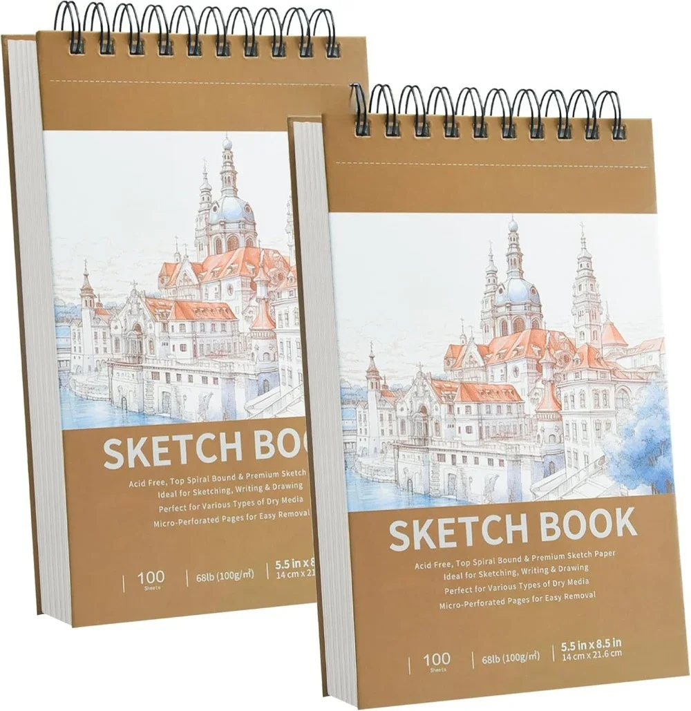 5.5" x 8.5" Sketchbook, Top Spiral Bound Sketchbook, 100 sheets of 68lb/100gsm drawing paper each, 2 packs
5.5" x 8.5" Sketchbook, Top Spiral Bound Sketchbook, 100 sheets of 68lb/100gsm drawing paper each, 2 packs