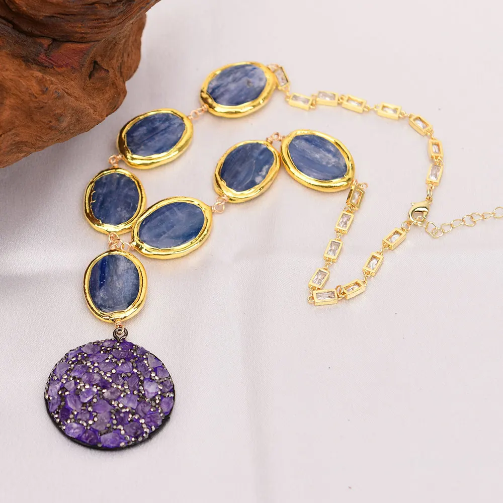 GG Natural Blue Kyanite Oval Shaped Quartz Beads Clear Cz Chain Necklace Coin Purple Amethyst Crystal Pendant
GG Natural Blue Kyanite Oval Shaped Quartz Beads Clear Cz Chain Necklace Coin Purple Amethyst Crystal Pendant
