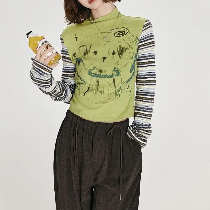American Retro Long-Sleeved T-Shirt Women Autumn New Style Spliced Striped Small Turtleneck Slim-Fit Printed Base Top
American Retro Long-Sleeved T-Shirt Women Autumn New Style Spliced Striped Small Turtleneck Slim-Fit Printed Base Top