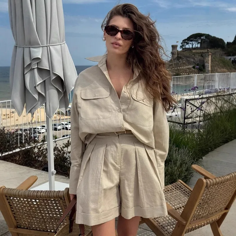 DINADD повседневный женский комплект с шортами, летняя свободная рубашка с длинными рукавами, топ, шорты с высокой талией, комплект летних шорт для отдыха и отдыха 
DINADD повседневный женский комплект с шортами, летняя свободная рубашка с длинными рукавами, топ, шорты с высокой талией, комплект летних шорт для отдыха и отдыха