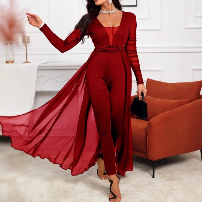 Women's Fashion New Long Sleeve Mesh Patchwork Deep V Neck Overall Pants Jumpsuit
Women's Fashion New Long Sleeve Mesh Patchwork Deep V Neck Overall Pants Jumpsuit