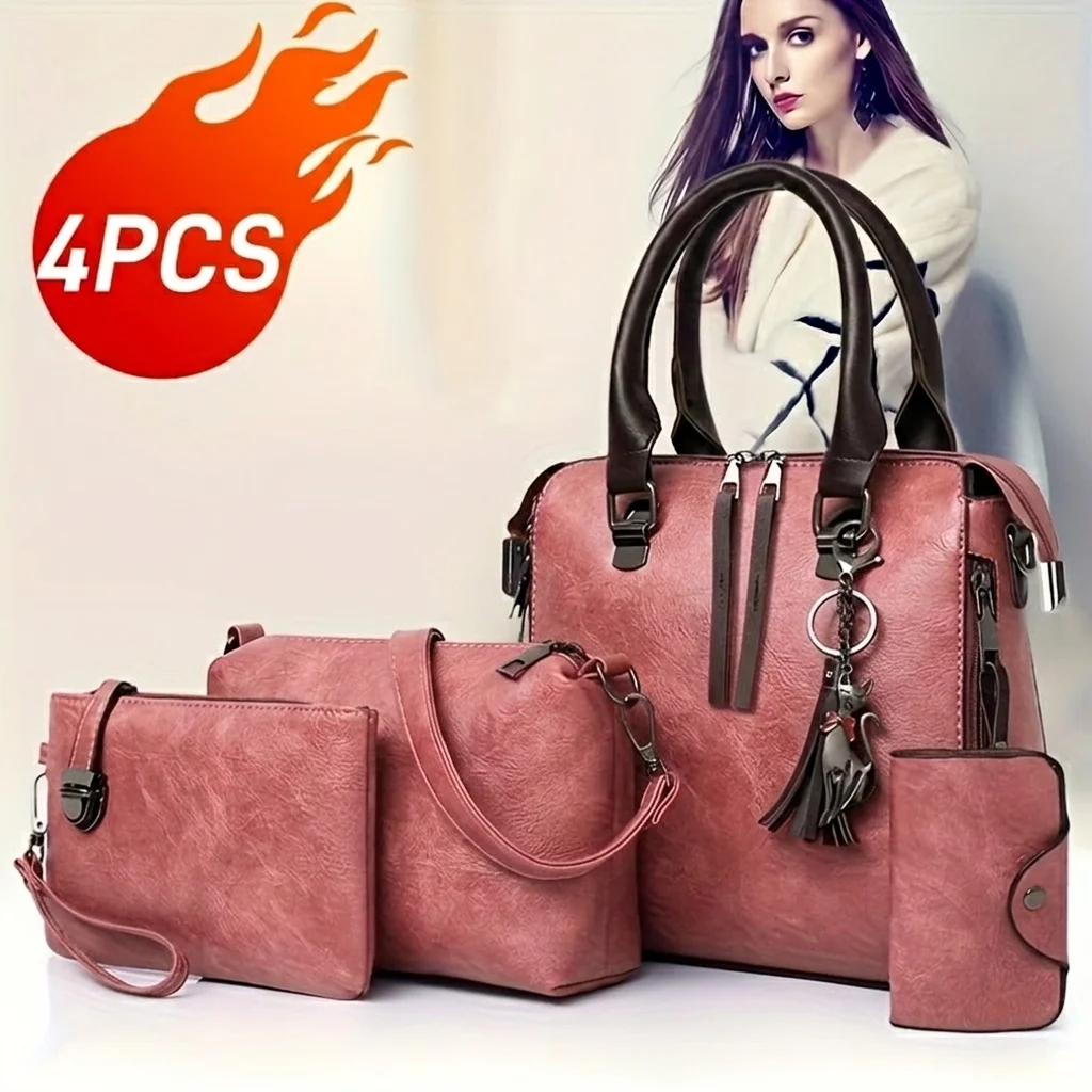 4 In 1 Vintage Ladies Handbag Set Soft PU Tote Crossbody Bag Clutch Wallet Card Holder With Tassel Charm Matching Bag Kit
4 In 1 Vintage Ladies Handbag Set Soft PU Tote Crossbody Bag Clutch Wallet Card Holder With Tassel Charm Matching Bag Kit