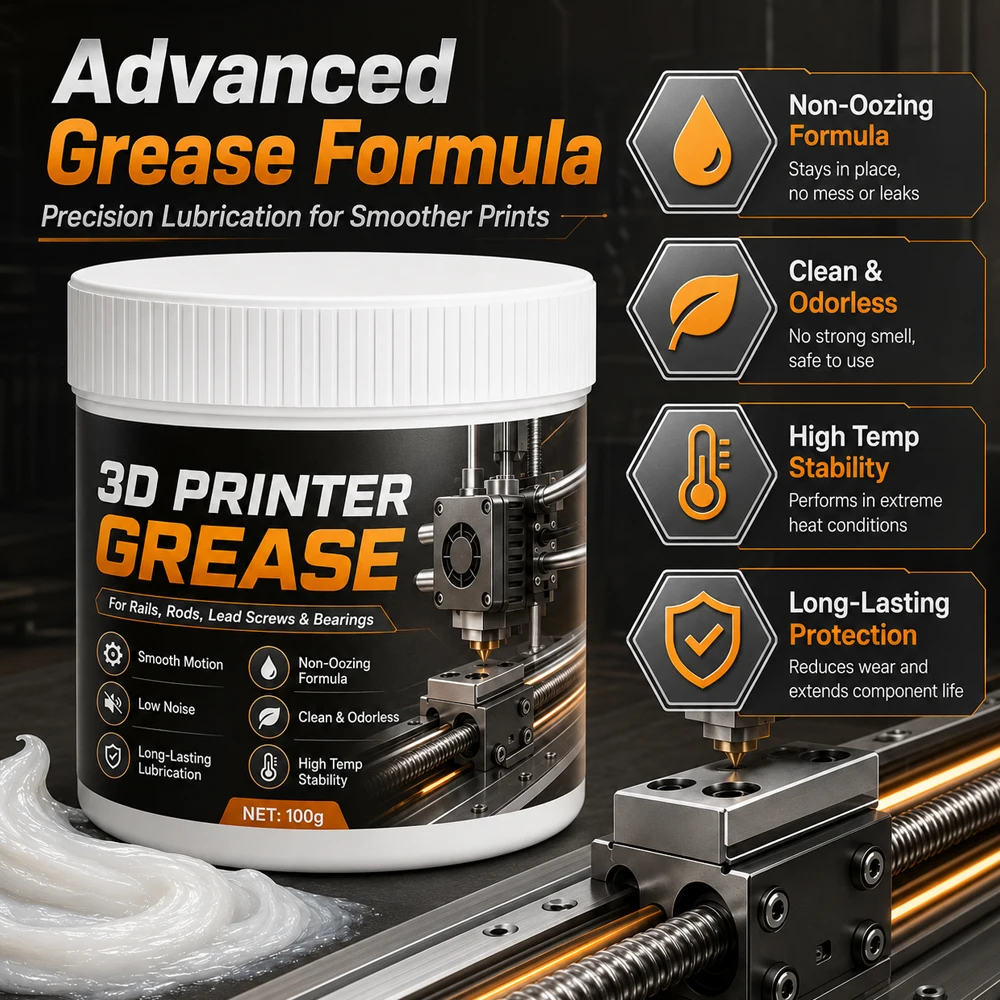 100g Lithium Grease 3D Printer Lubricant for Lead Screws & Linear Rails.Reduces Noise, Friction & Wear for Smooth Printing
100g Lithium Grease 3D Printer Lubricant for Lead Screws & Linear Rails.Reduces Noise, Friction & Wear for Smooth Printing