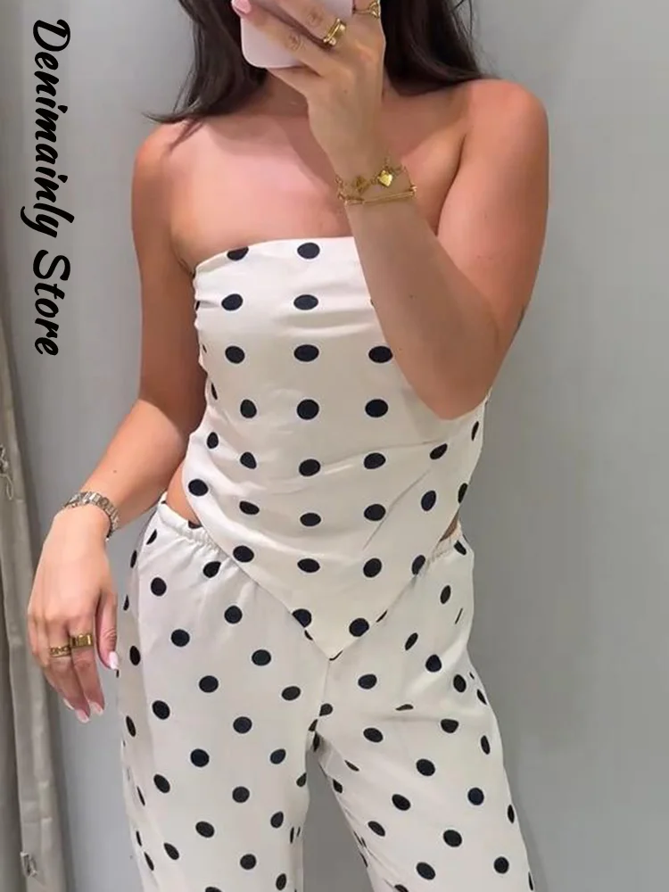Casual Women's Polka Dot Strapless Top Pants Set Slim Sleeveless Backless Lace Up Vest Wide Leg Pant 2026 Summer Lady Beach Suit
Casual Women's Polka Dot Strapless Top Pants Set Slim Sleeveless Backless Lace Up Vest Wide Leg Pant 2026 Summer Lady Beach Suit