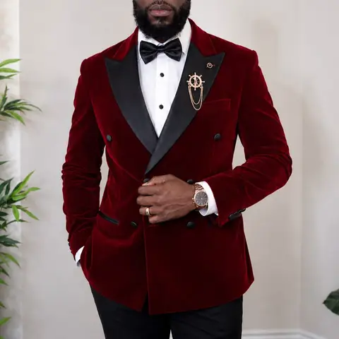 Terno Masculino de Veludo Vinho Tinto com Lapela Pontiaguda e Abotoamento Simples, 2 Peças, para Uso Diário, Casamento, Festa Formal, Banquete, Personalizado