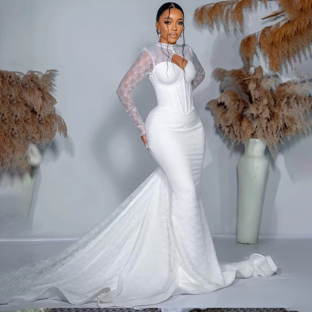 Mophiel Lace Wedding Dresses Long Sleeve High Neck Mermaid African Bridal Dress for Women Sweep Train Bride Gown Customized
Mophiel Lace Wedding Dresses Long Sleeve High Neck Mermaid African Bridal Dress for Women Sweep Train Bride Gown Customized