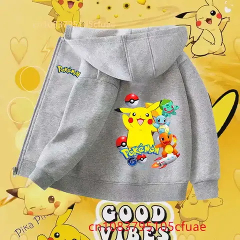 Kawaii Pokemons Gray Zipper Hoodie Set Kid Clothes GirlsClothing Baby Boy Autumn Pikachu Birthday Sweatshirt Children Tops+pants