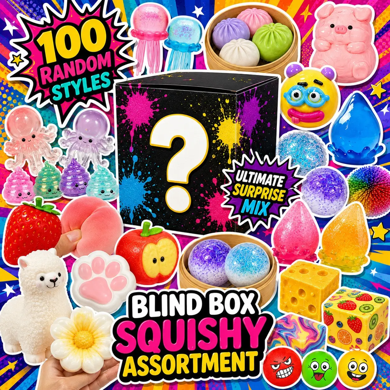 100pcs Surprise Blind Box Squishy Toy Assortment, Random Style Cute Squeeze Figures With Jellyfish, Animal Shape, Food Shape, Funny Face And Mystery Toy Designs For Party Favor, Goody Bag Gift, Desk Display
100pcs Surprise Blind Box Squishy Toy Assortment, Random Style Cute Squeeze Figures With Jellyfish, Animal Shape, Food Shape, Funny Face And Mystery Toy Designs For Party Favor, Goody Bag Gift, Desk Display