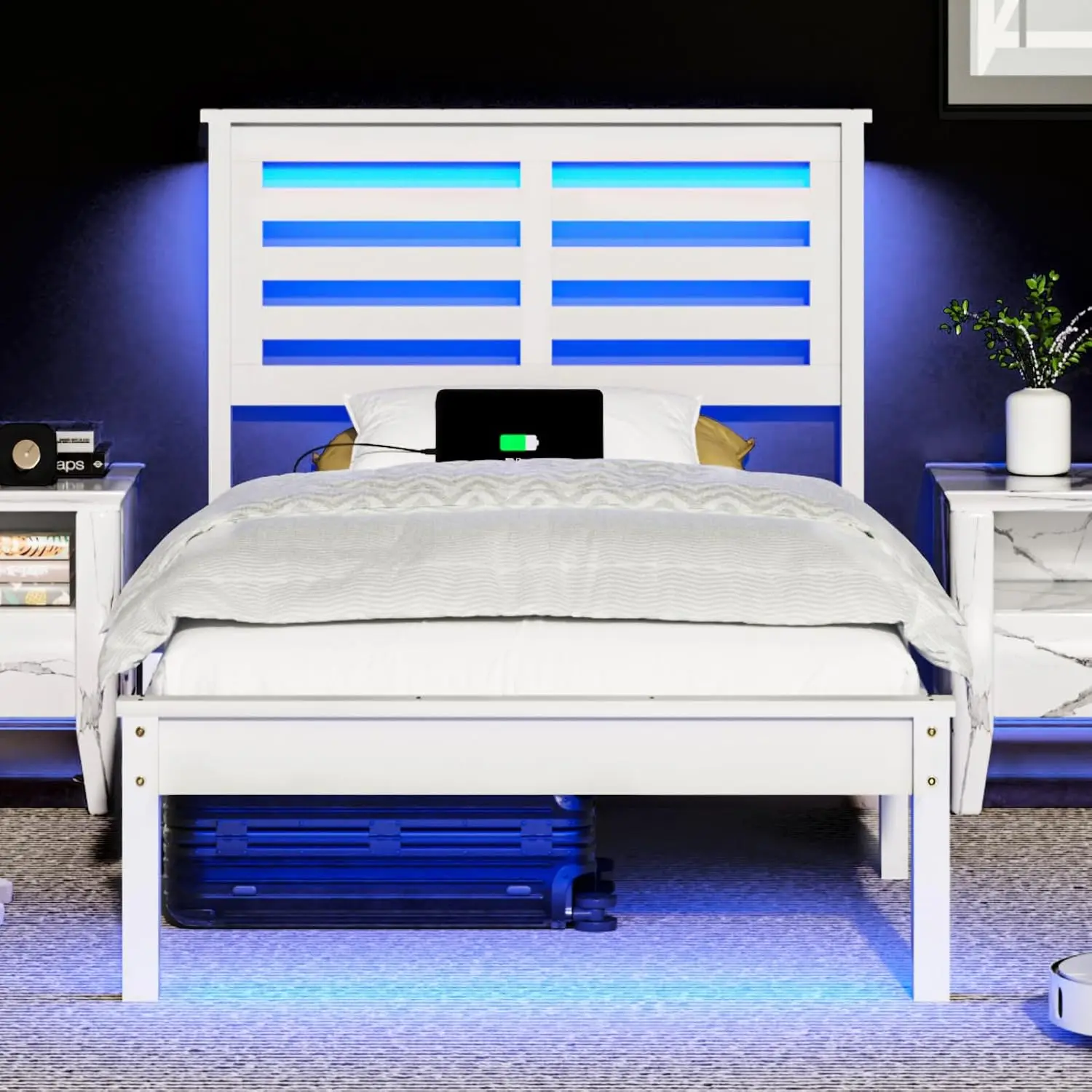 Solid Wood Twin Bed Frame with LED Lights USB Charging Station 40" Tall Headboard Platform No Box Spring White, Customized
Solid Wood Twin Bed Frame with LED Lights USB Charging Station 40" Tall Headboard Platform No Box Spring White, Customized
