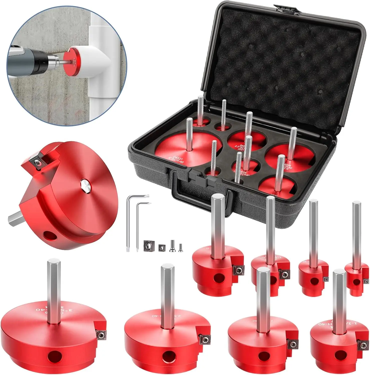 9 Pcs PVC Pipe Reamer Kit, Fitting Saver for 1/2" to 4" SCH40 ABS Pipes, Fits Standard Drills
9 Pcs PVC Pipe Reamer Kit, Fitting Saver for 1/2" to 4" SCH40 ABS Pipes, Fits Standard Drills