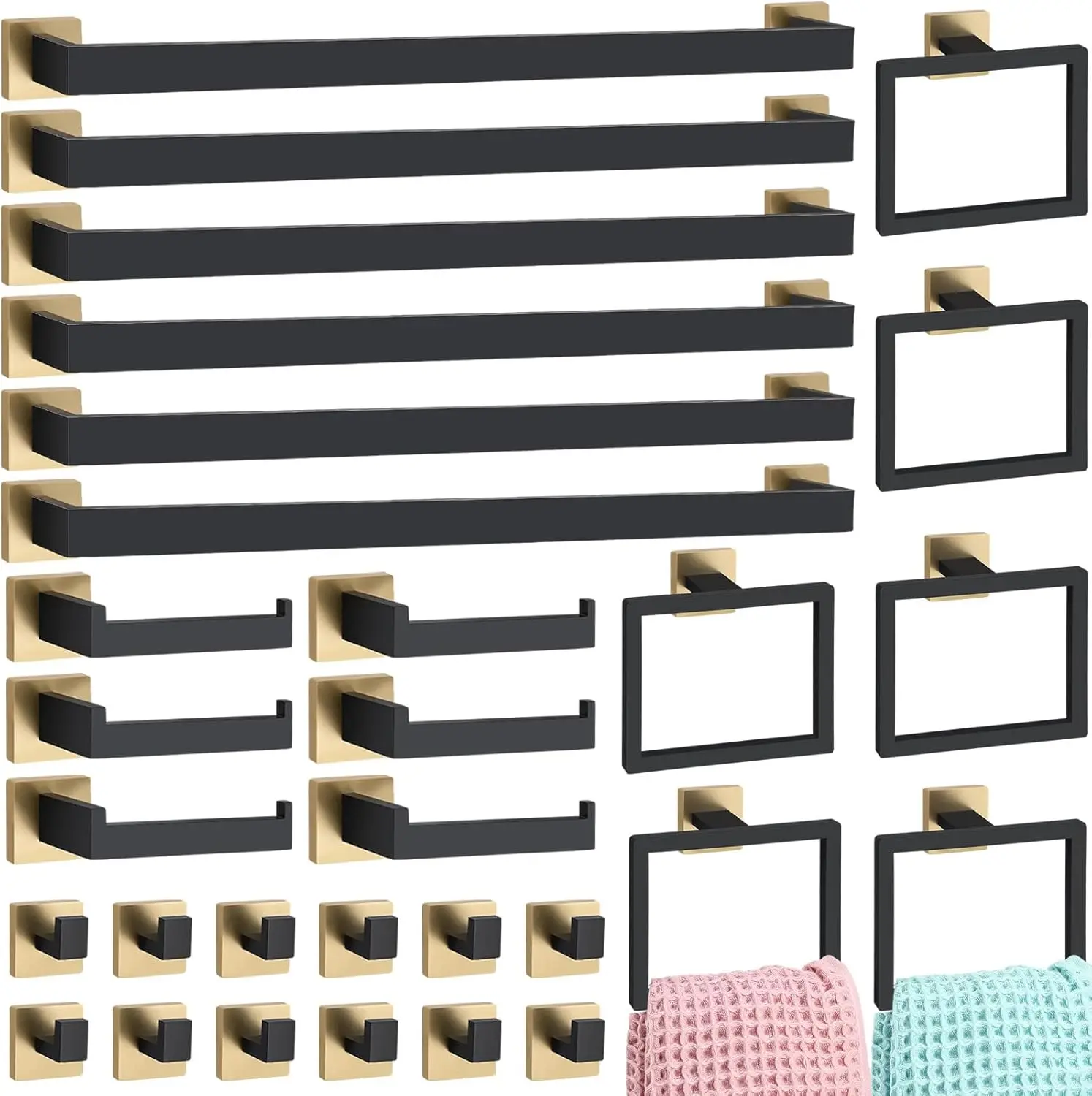30 Pcs Black Gold Bathroom Hardware Set with 23.6" Towel Bar, Towel Ring, Robe Hook, Paper Holder for Wall Mounted
30 Pcs Black Gold Bathroom Hardware Set with 23.6" Towel Bar, Towel Ring, Robe Hook, Paper Holder for Wall Mounted